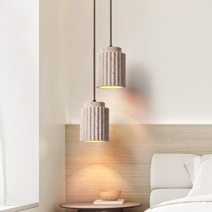 Żłobkowana walcowa lampa wisząca travertyn beż 12cm x 16cm