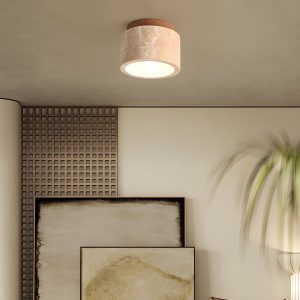 Kyoto - Elegancka beżowa lampa sufitowa z naturalnego trawertynu, Ø12x9cm, 1-punktowa