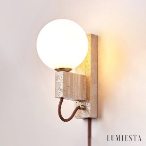 Aerolitha - Kinkiet trawertynowy, żółty z białym kloszem, do sypialni Ø6x23 cm