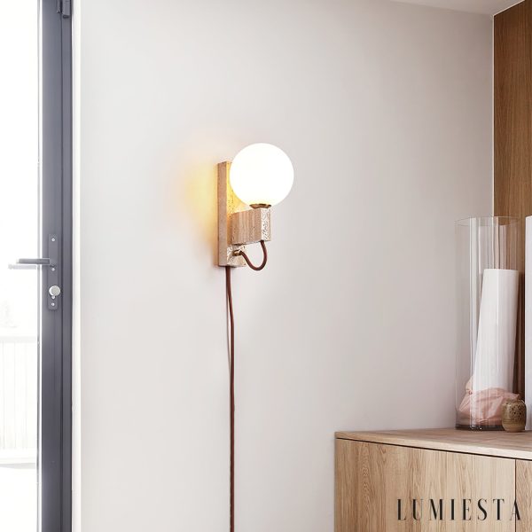 Aerolitha - Kinkiet trawertynowy, żółty z białym kloszem, do sypialni Ø6x23 cm