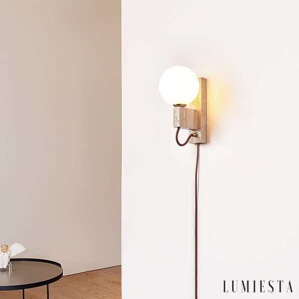 Aerolitha - Kinkiet trawertynowy, żółty z białym kloszem, do sypialni Ø6x23 cm