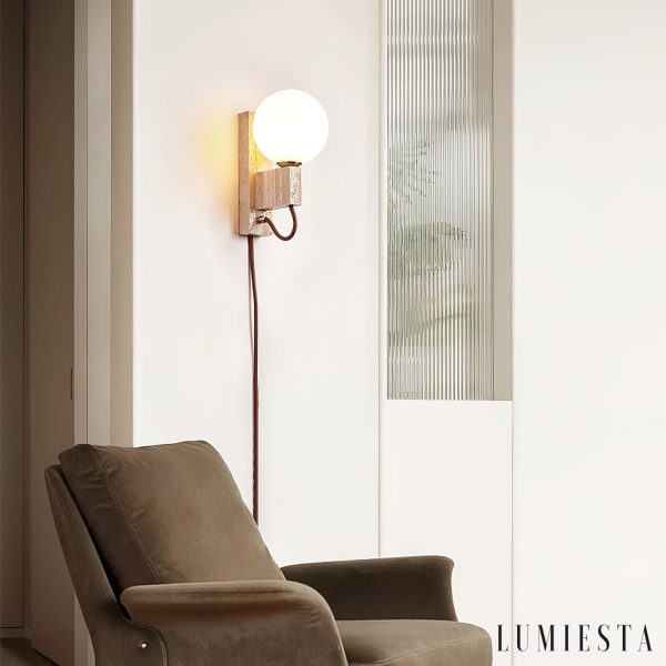 Aerolitha - Kinkiet trawertynowy, żółty z białym kloszem, do sypialni Ø6x23 cm