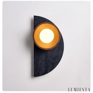 Andinia - Kinkiet nowoczesny czarny trawertyn z drewnem, do sypialni, Ø17xH35 cm