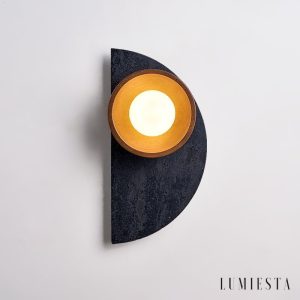 Andinia - Kinkiet nowoczesny czarny trawertyn z drewnem, do sypialni, Ø17xH35 cm