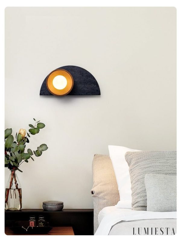 Andinia - Kinkiet nowoczesny czarny trawertyn z drewnem, do sypialni, Ø17xH35 cm