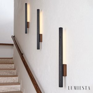 Andorrae - Kinkiet trawertynowy z drewnem, czarny, do salonu, Ø3x55/90 cm