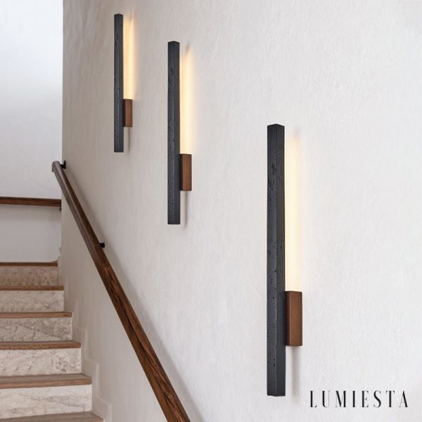 Andorrae - Kinkiet trawertynowy z drewnem, czarny, do salonu, Ø3x55/90 cm