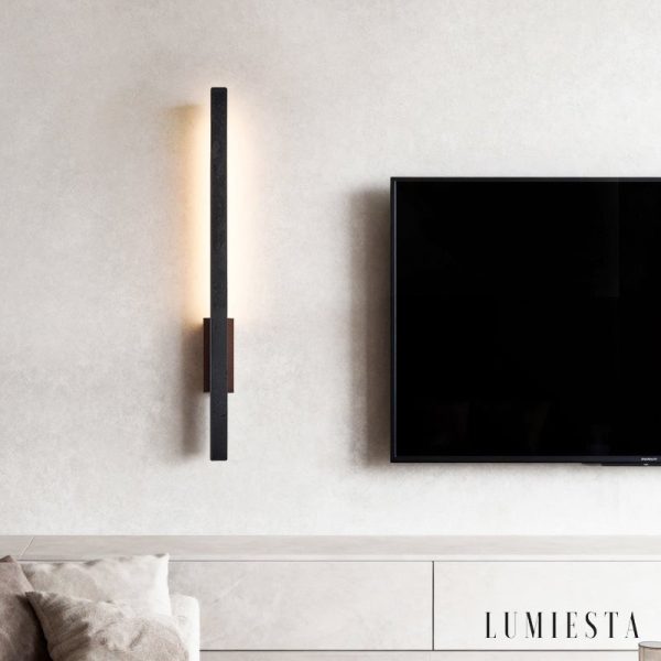 Andorrae - Kinkiet trawertynowy z drewnem, czarny, do salonu, Ø3x55/90 cm