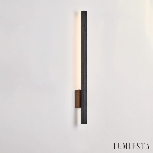 Andorrae - Kinkiet trawertynowy z drewnem, czarny, do salonu, Ø3x55/90 cm