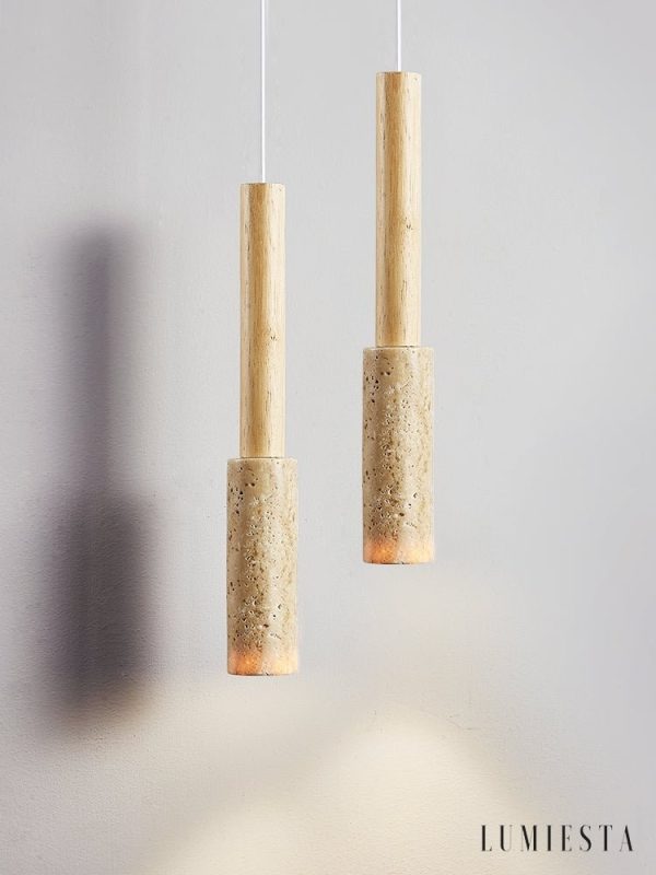 Appiana - Lampa wisząca trawertynowo-drewniana, żółta do jadalni, Ø4×H27/150 cm