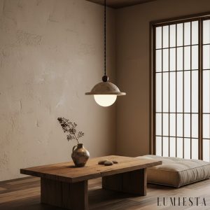 AquileiaX - Lampa wisząca trawertynowo-drewniana, żółta, do jadalni, Ø18×14 cm