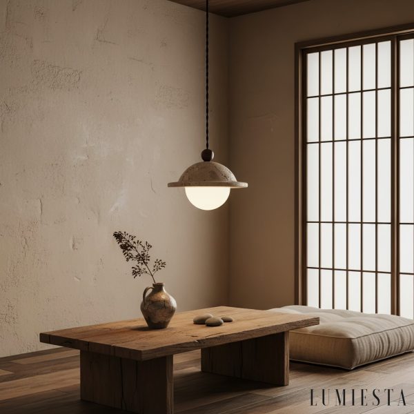 AquileiaX - Lampa wisząca trawertynowo-drewniana, żółta, do jadalni, Ø18×14 cm