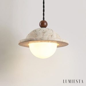 AquileiaX - Lampa wisząca trawertynowo-drewniana, żółta, do jadalni, Ø18×14 cm