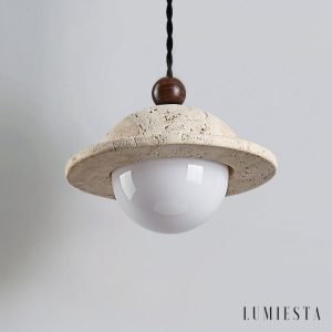 AquileiaX - Lampa wisząca trawertynowo-drewniana, żółta, do jadalni, Ø18×14 cm