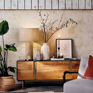 Obumi - Lampa stołowa trawertynowo-marmurowa, do salonu, Ø35 x 54 cm