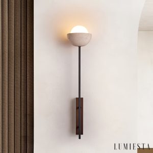 Atlantira - Lampa podłogowa trawertynowa z orzechem, do salonu, Ø15×H71/88 cm