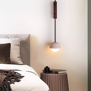 Atlantira - Lampa podłogowa trawertynowa z orzechem, do salonu, Ø15×H71/88 cm