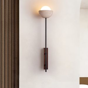 Atlantira - Lampa podłogowa trawertynowa z orzechem, do salonu, Ø15×H71/88 cm