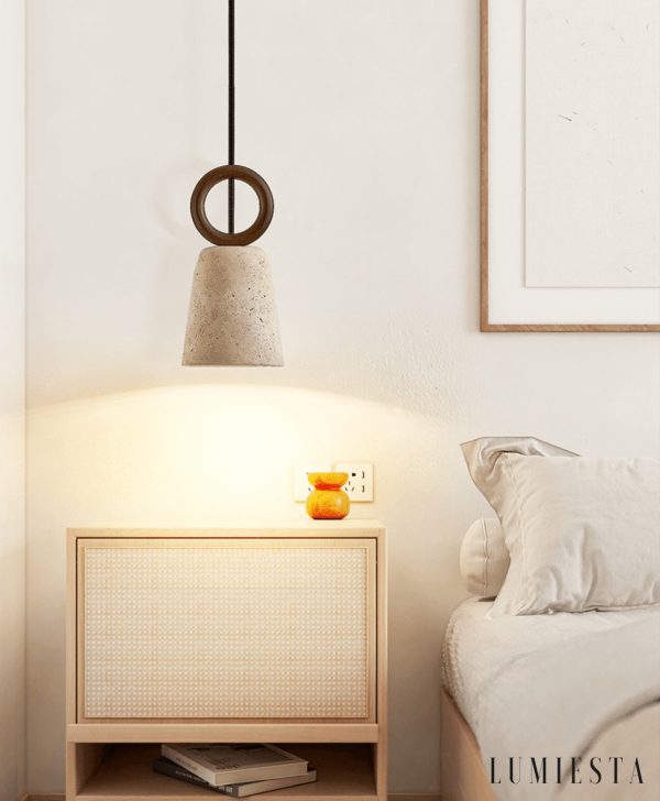 Aurelit - Lampa wisząca trawertynowa, orzechowe drewno do jadalni, Ø11 cm wys.21 cm