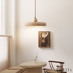 Aura Terra - Lampa wisząca trawertynowa, żółta do salonu i jadalni, Ø30 x H11 cm