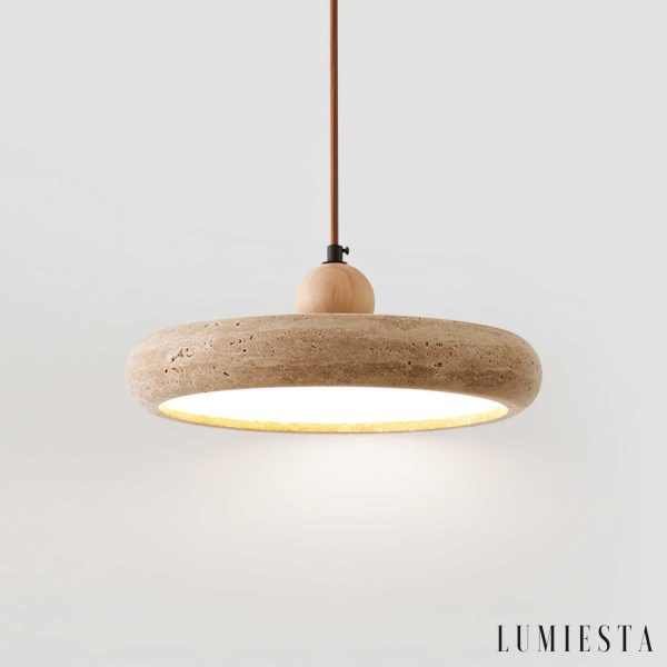 Aura Terra - Lampa wisząca trawertynowa, żółta do salonu i jadalni, Ø30 x H11 cm