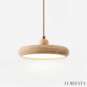 Aura Terra - Lampa wisząca trawertynowa, żółta do salonu i jadalni, Ø30 x H11 cm