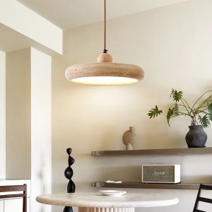 Aura Terra - Lampa wisząca trawertynowa, żółta do salonu i jadalni, Ø30 x H11 cm