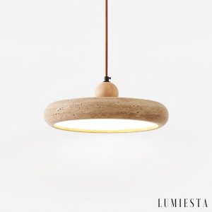 Aura Terra - Lampa wisząca trawertynowa, żółta do salonu i jadalni, Ø30 x H11 cm