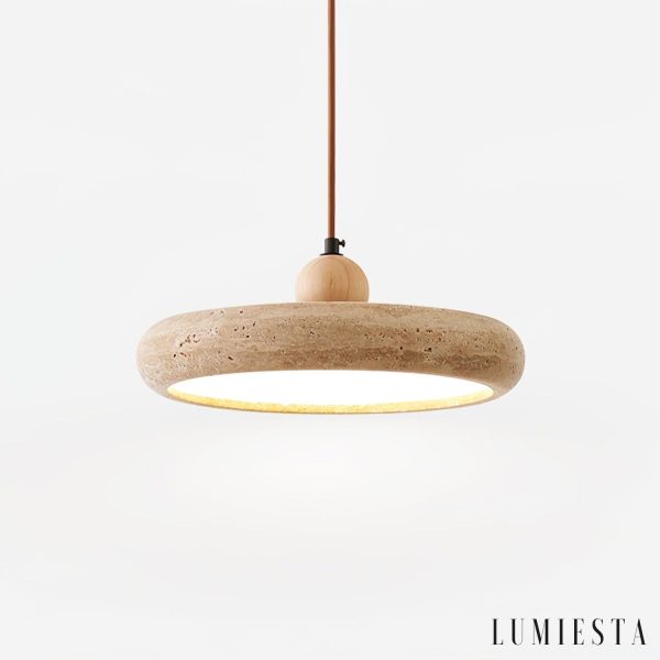 Aura Terra - Lampa wisząca trawertynowa, żółta do salonu i jadalni, Ø30 x H11 cm