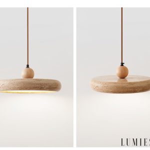 Aura Terra - Lampa wisząca trawertynowa, żółta do salonu i jadalni, Ø30 x H11 cm