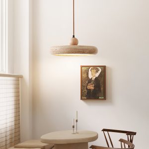 Aura Terra - Lampa wisząca trawertynowa, żółta do salonu i jadalni, Ø30 x H11 cm