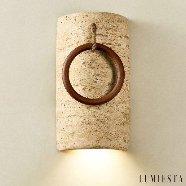 Auretryn - Kinkiet trawertynowy, żółty trawertyn i drewno, do salonu Ø12x22 cm