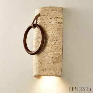 Auretryn - Kinkiet trawertynowy, żółty trawertyn i drewno, do salonu Ø12x22 cm