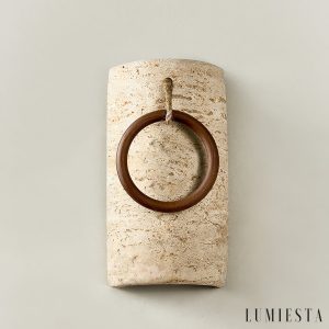 Auretryn - Kinkiet trawertynowy, żółty trawertyn i drewno, do salonu Ø12x22 cm