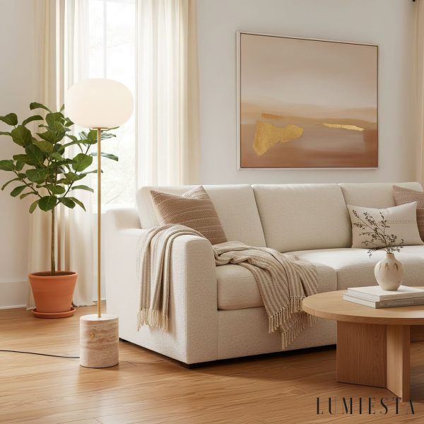 Bellagia - Lampa podłogowa złota z żółtym trawertynem do salonu, Ø33 x 150 cm