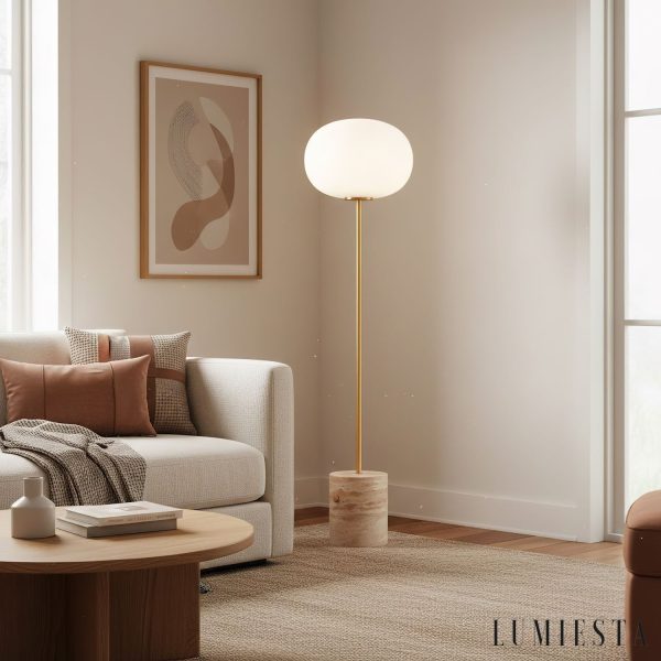 Bellagia - Lampa podłogowa złota z żółtym trawertynem do salonu, Ø33 x 150 cm