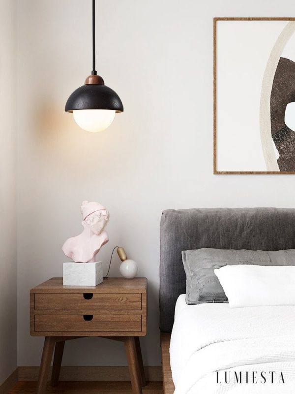 Byzantis - Lampa wisząca trawertynowa, czarny trawertyn do salonu, Ø15×18 cm