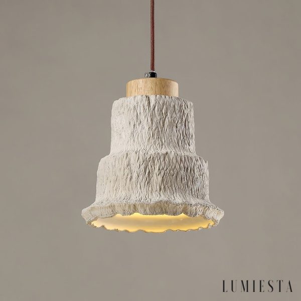 Calcisole - Lampa wisząca trawertynowo-drewniana, żółta, do salonu, Ø17 x H19 cm