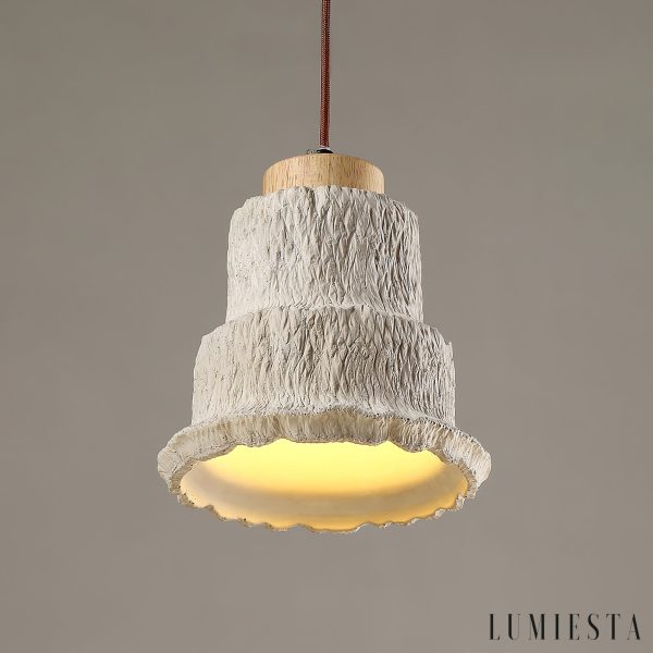 Calcisole - Lampa wisząca trawertynowo-drewniana, żółta, do salonu, Ø17 x H19 cm