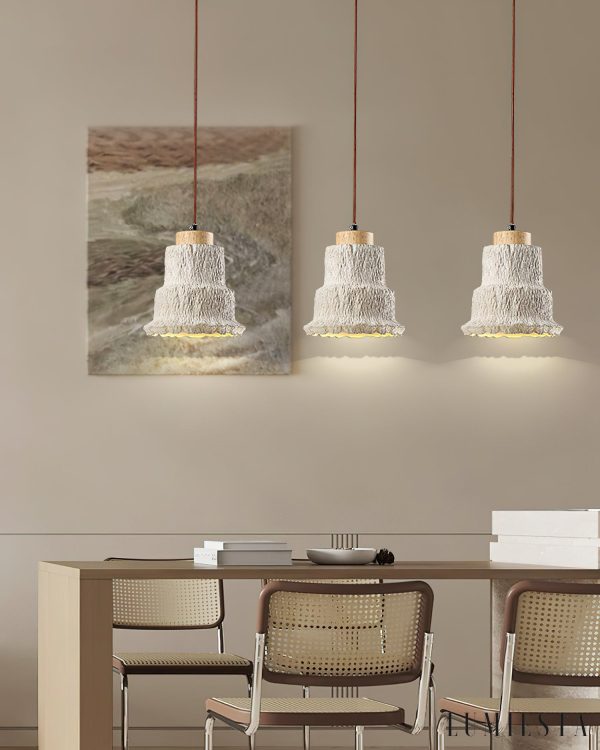 Calcisole - Lampa wisząca trawertynowo-drewniana, żółta, do salonu, Ø17 x H19 cm