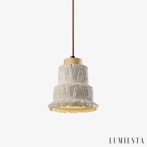 Calcisole - Lampa wisząca trawertynowo-drewniana, żółta, do salonu, Ø17 x H19 cm