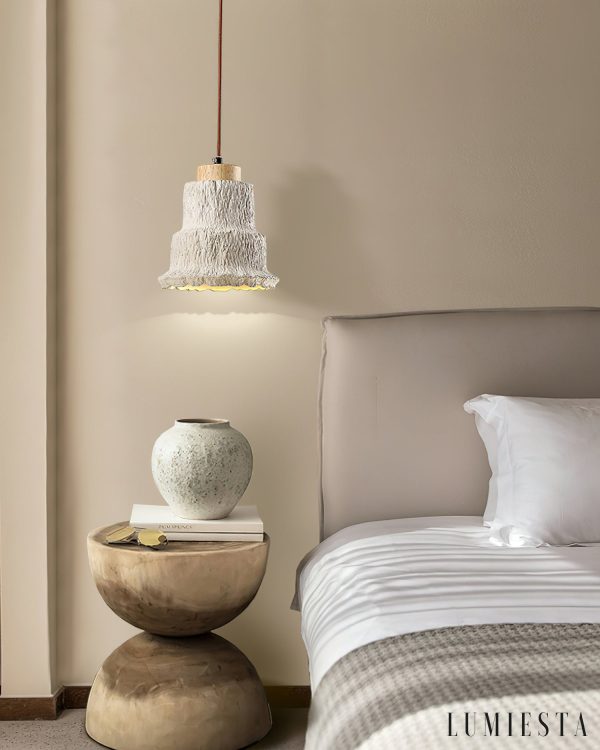 Calcisole - Lampa wisząca trawertynowo-drewniana, żółta, do salonu, Ø17 x H19 cm