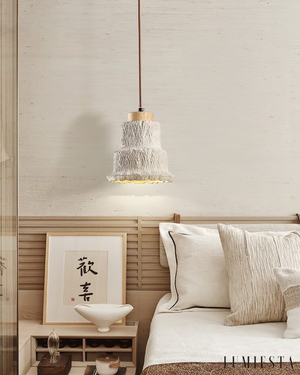 Calcisole - Lampa wisząca trawertynowo-drewniana, żółta, do salonu, Ø17 x H19 cm