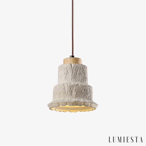 Calcisole - Lampa wisząca trawertynowo-drewniana, żółta, do salonu, Ø17 x H19 cm