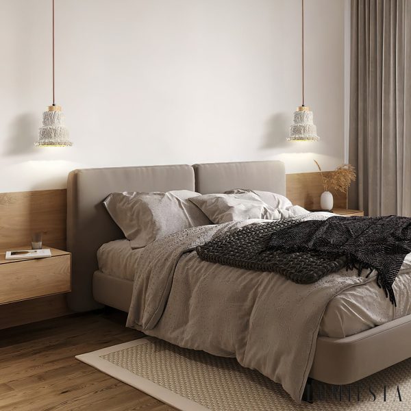 Calcisole - Lampa wisząca trawertynowo-drewniana, żółta, do salonu, Ø17 x H19 cm