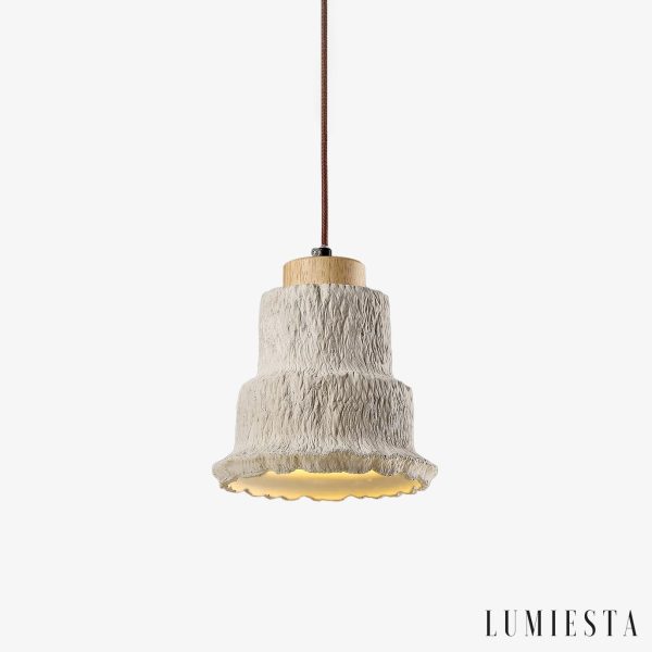 Calcisole - Lampa wisząca trawertynowo-drewniana, żółta, do salonu, Ø17 x H19 cm