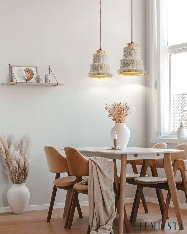 Calcisole - Lampa wisząca trawertynowo-drewniana, żółta, do salonu, Ø17 x H19 cm