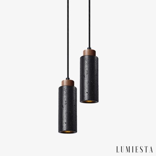 Caldara - Lampa wisząca trawertynowa, czarny i orzech, nad wyspę, Ø6x19 cm