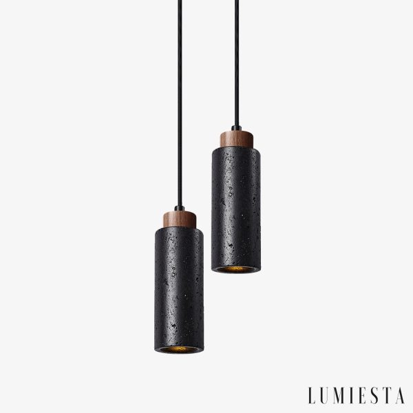 Caldara - Lampa wisząca trawertynowa, czarny i orzech, nad wyspę, Ø6x19 cm