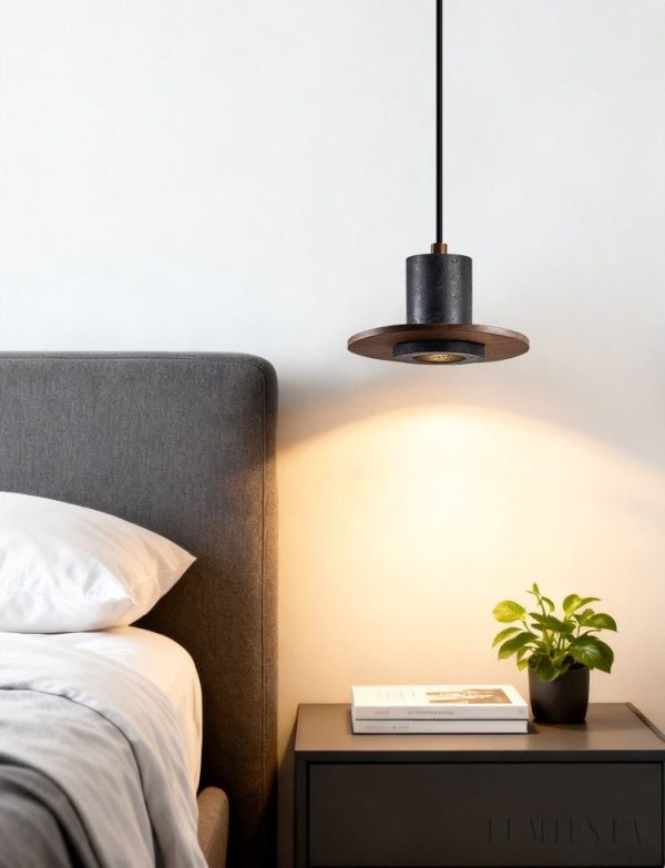 Cannesia - Lampa wisząca nowoczesna, czarny trawertyn i orzech do salonu, Ø20 cm